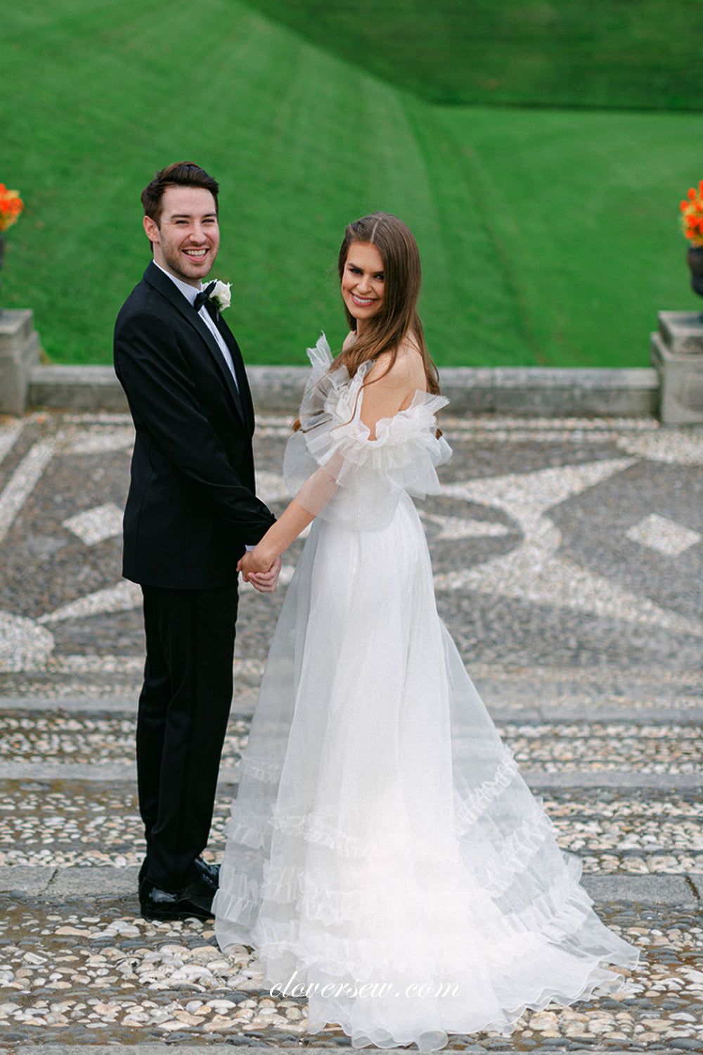 White Tulle Off The Shoulder Ruffles A-line Wedding Dresses, CW0318