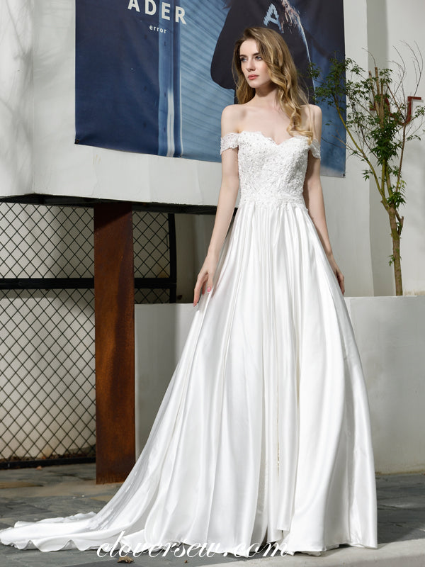 White Bead Lace Satin Off The Shoulder A-line Wedding Dresses, CW0075 clover sew White Bead Lace Satin Off The Shoulder A-line Wedding Dresses, CW0075 clover sew