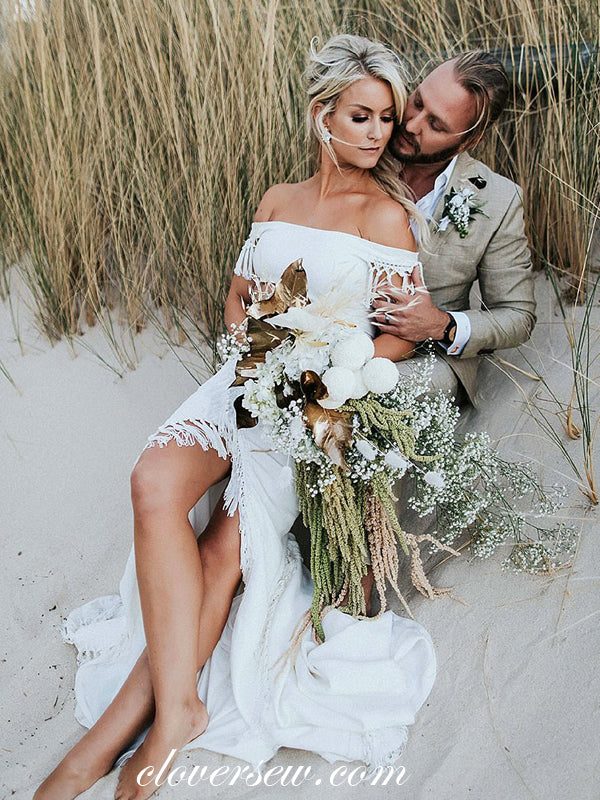 White Off The Shoulder Satin With Tassels Boho Wedding Dresses, CW0018 US10 / As Pic White Off The Shoulder Satin With Tassels Boho Wedding Dresses, CW0018 US10 / As Pic