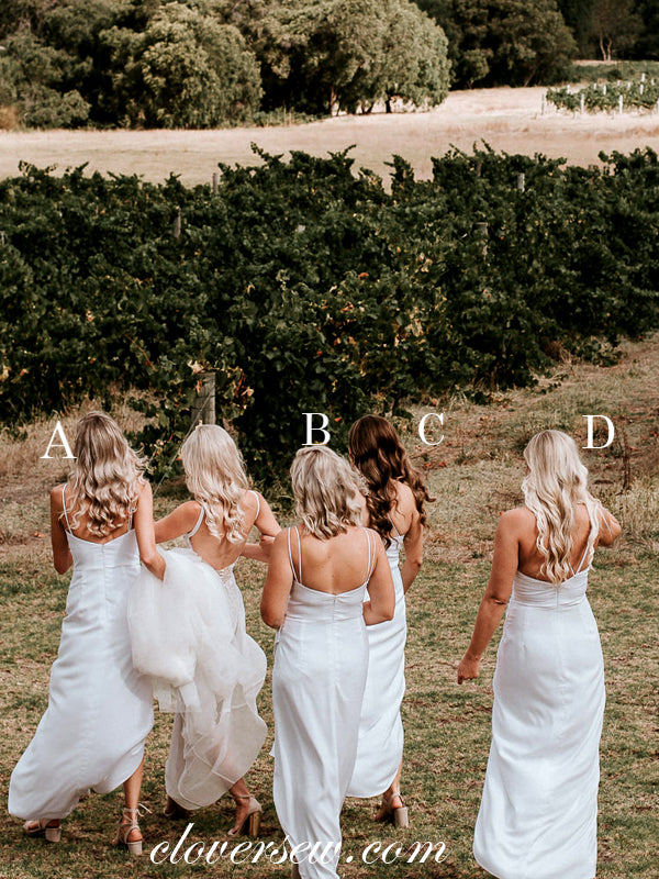 White Satin Chiffon Mismatched Spaghetti Strap High Low Long Bridesmaid Dresses, CB0049