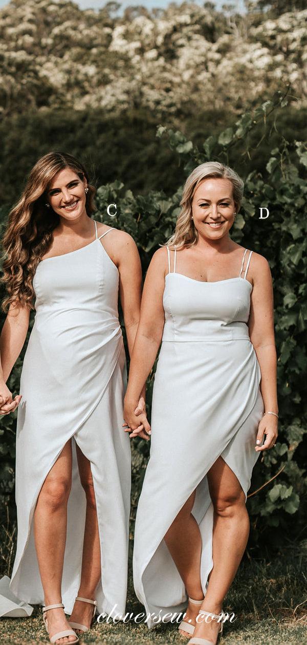 White Satin Chiffon Mismatched Spaghetti Strap High Low Long Bridesmaid Dresses, CB0049