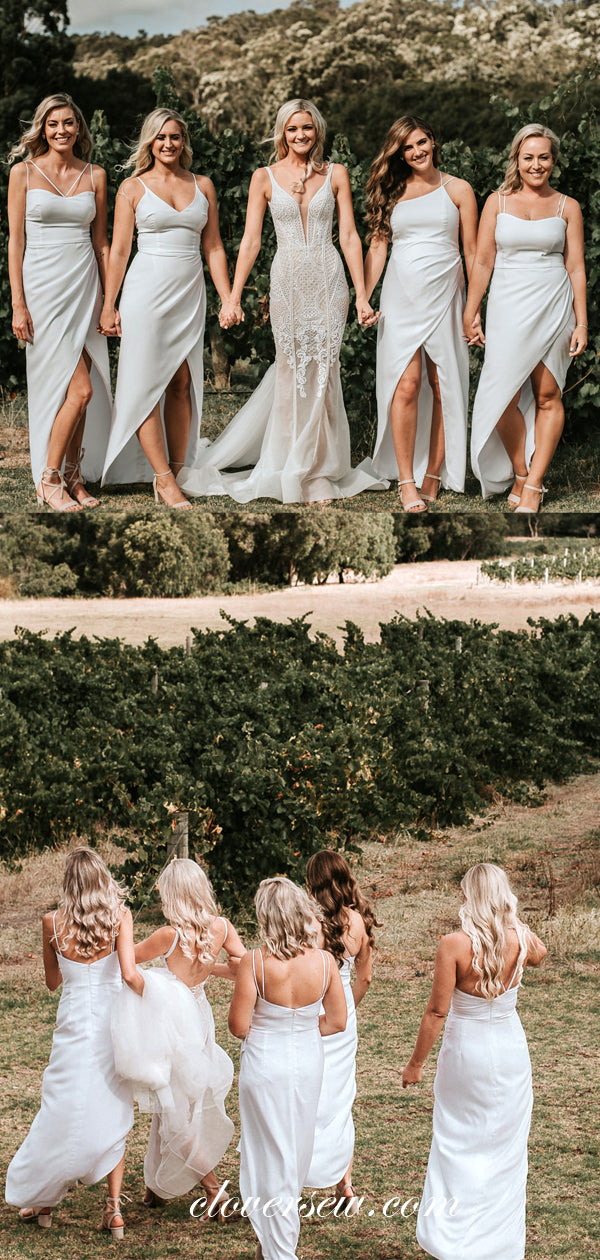 White Satin Chiffon Mismatched Spaghetti Strap High Low Long Bridesmaid Dresses, CB0049