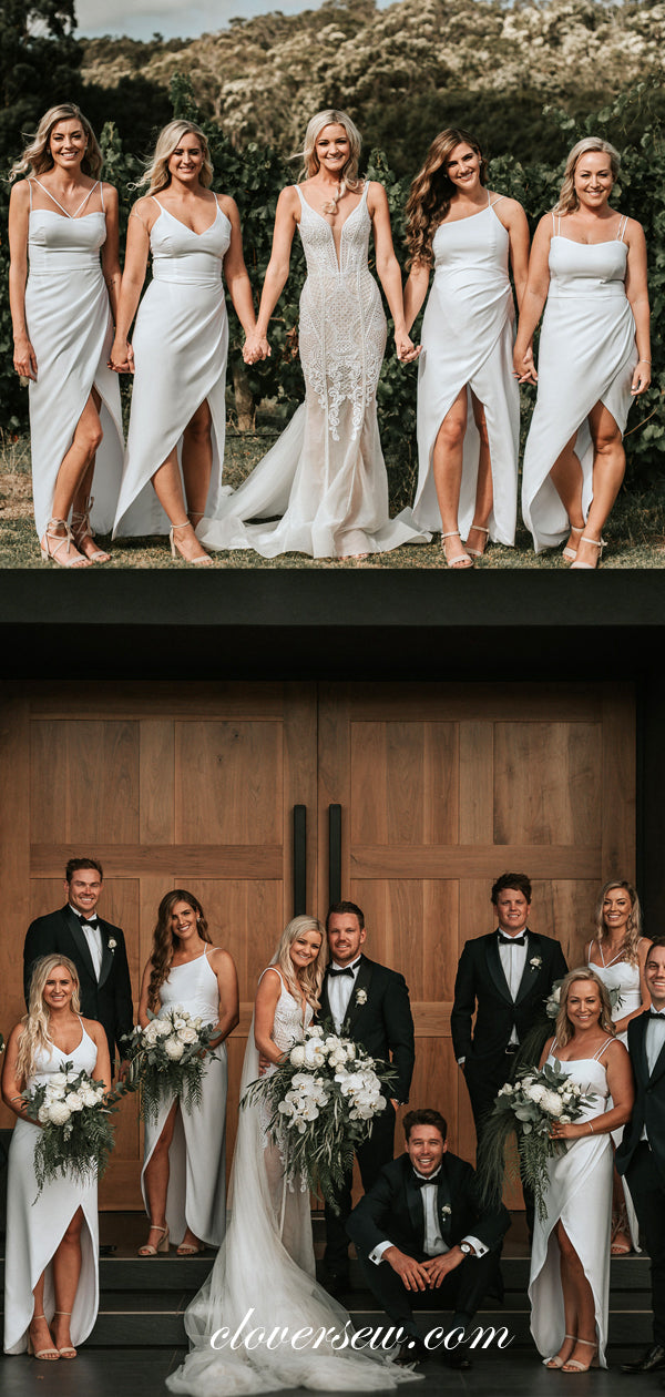 White Satin Chiffon Mismatched Spaghetti Strap High Low Long Bridesmaid Dresses, CB0049