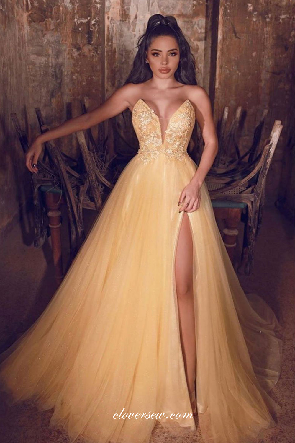 Yellow Lace Tulle Fashion Strapless A-line Side Slit Prom Dresses, CP0703