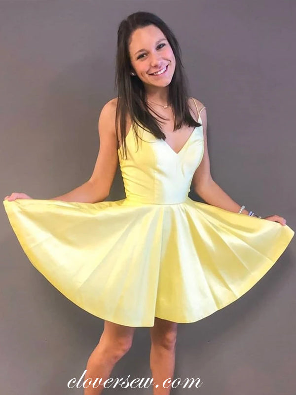 Yellow Satin Spaghetti Strap Short Homecoming Dresses, CH0015 clover sew Yellow Satin Spaghetti Strap Short Homecoming Dresses, CH0015 clover sew
