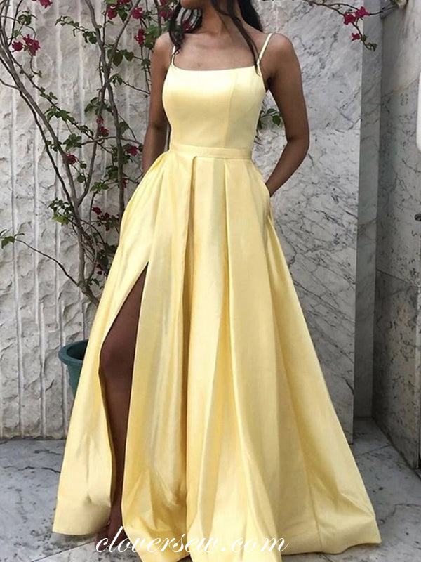 Yellow Satin Spaghetti Strap Side Slit A-Line Prom Dresses, CP0593 US14 / As Pic Yellow Satin Spaghetti Strap Side Slit A-Line Prom Dresses, CP0593 US14 / As Pic