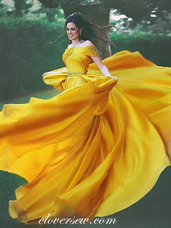 Yellow Off The Shoulder Bead Belt A-line Prom Dresses, CP0464 Yellow Off The Shoulder Bead Belt A-line Prom Dresses, CP0464