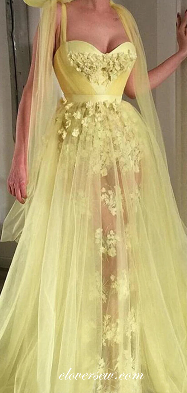 Yellow Tulle 3D Applique Convertible Strap A-line Prom Dresses,CP0437