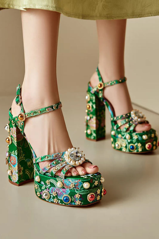 15cm Platform High Heels Jeweled Green Sandals