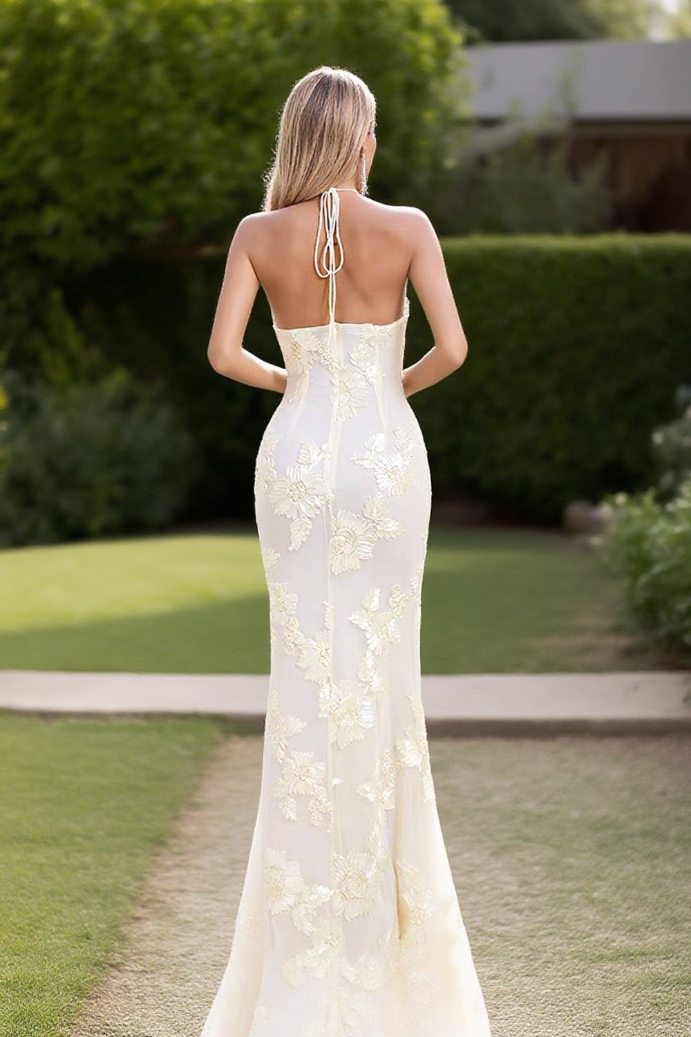 3D Floral Embroidery Tulle Halter Mermaid Yellow Prom Dresses, CP1048