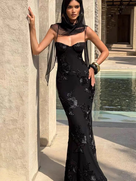 3D Floral Embroidery Tulle Spaghetti Strap Mermaid Black Prom Dresses, CP1046