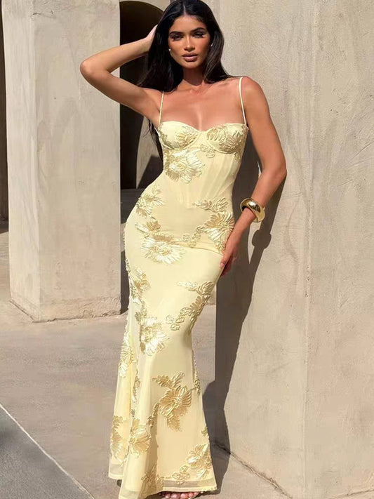 3D Floral Embroidery Tulle Spaghetti Strap Mermaid Yellow Prom Dresses, CP1045