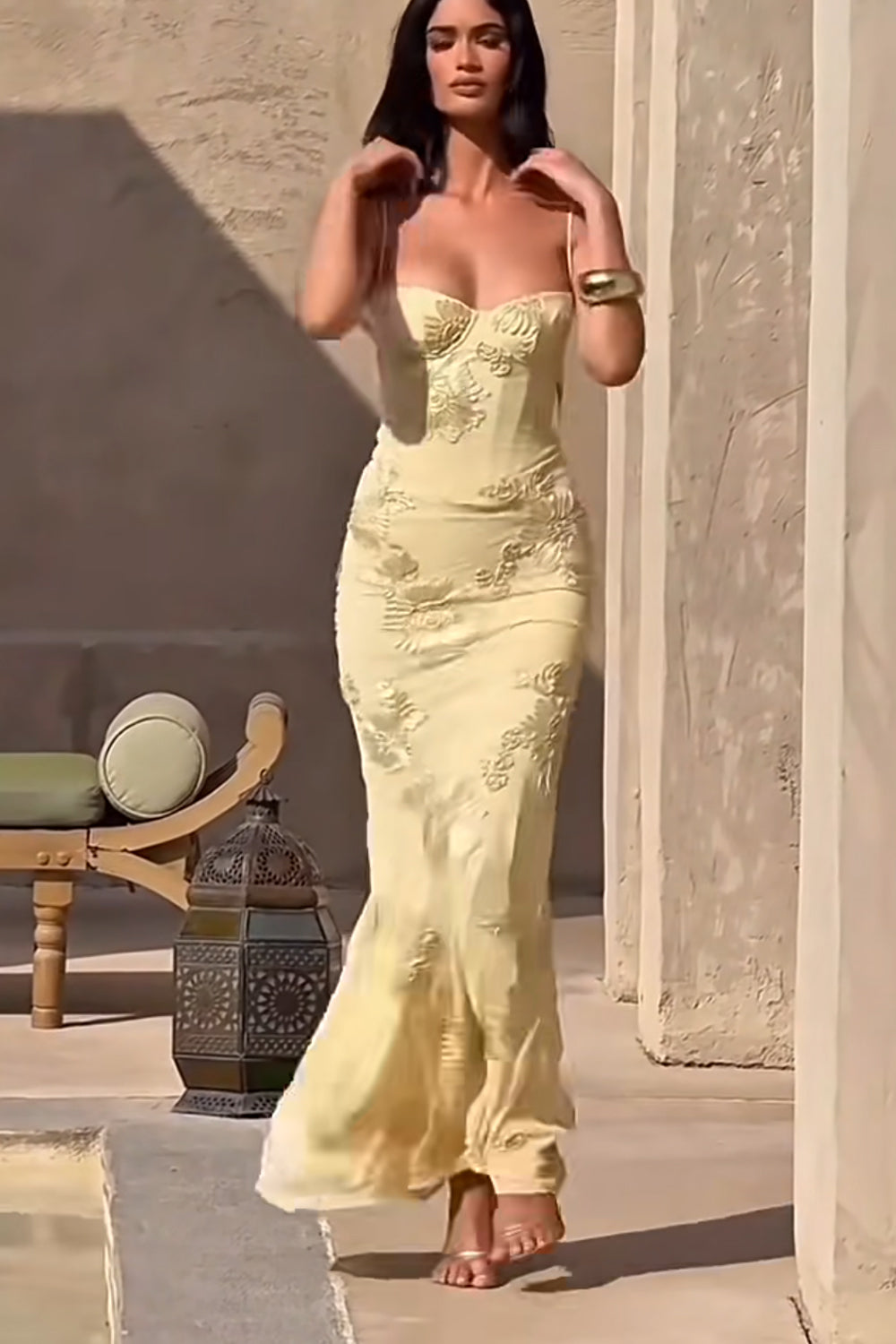 3D Floral Embroidery Tulle Spaghetti Strap Mermaid Yellow Prom Dresses, CP1045