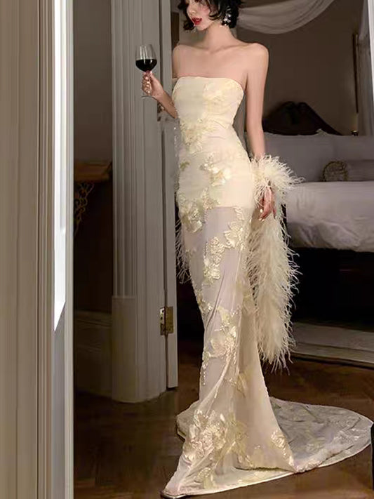3D Floral Embroidery Tulle Strapless Mermaid Yellow Prom Dresses, CP1047