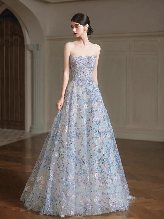 3D Sequined Beading Lace Strapless A-line Gorgeous Formal Dresses, CP1064