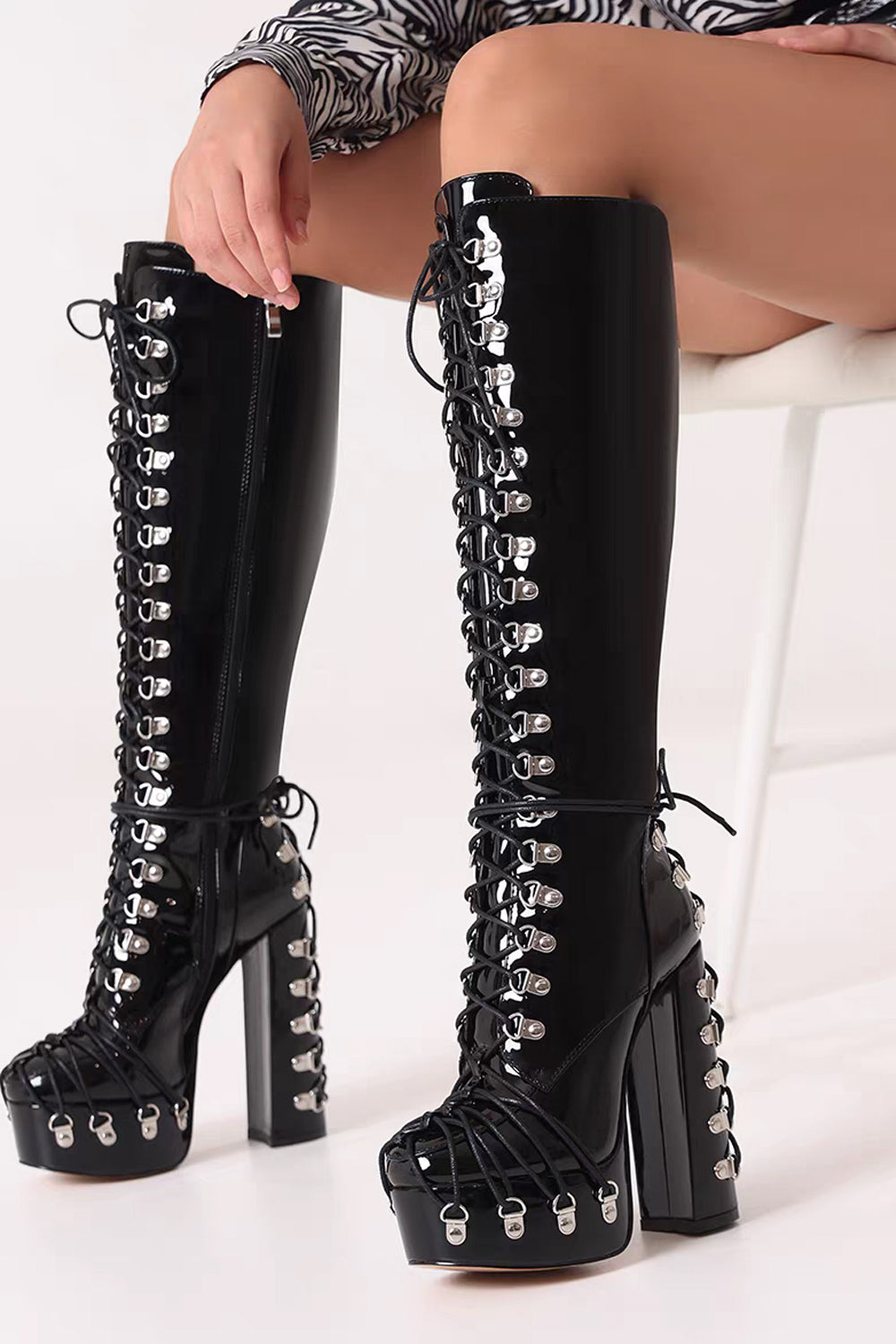 45 Plus Size Cross Tied Gothic Rivet Black Patent Leather Platform Chunky Heels Dark Punk Boots