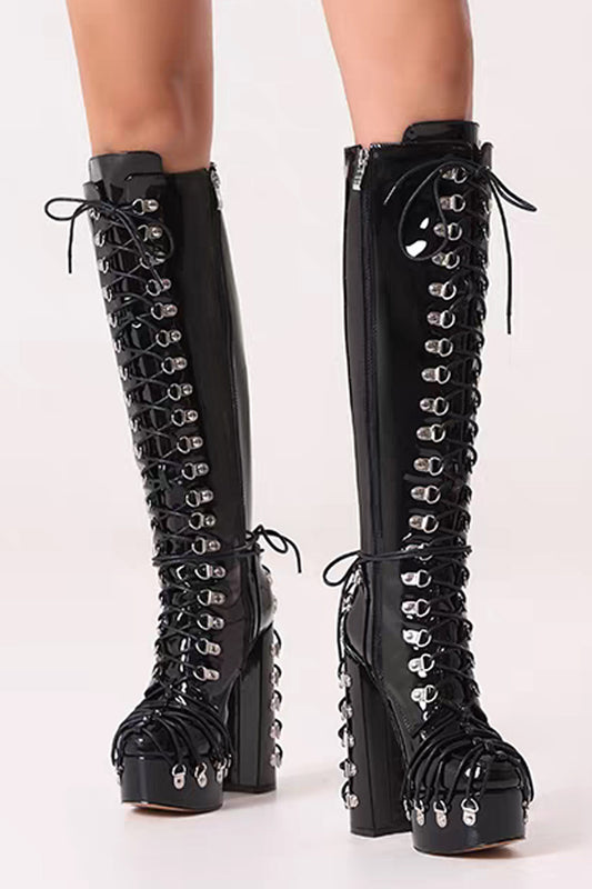 45 Plus Size Cross Tied Gothic Rivet Black Patent Leather Platform Chunky Heels Dark Punk Boots