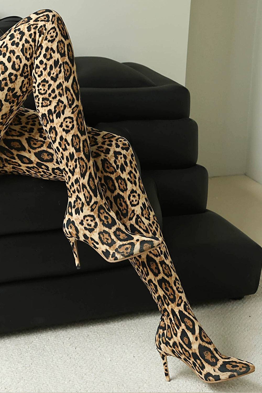 46 Plus Size Pointed-toe Stretch Stiletto Leopard Print Legging Boots