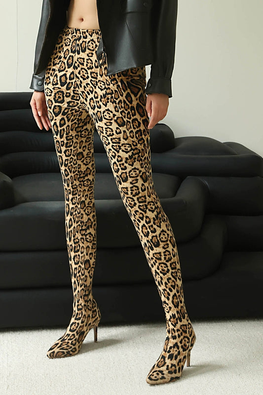 46 Plus Size Pointed-toe Stretch Stiletto Leopard Print Legging Boots