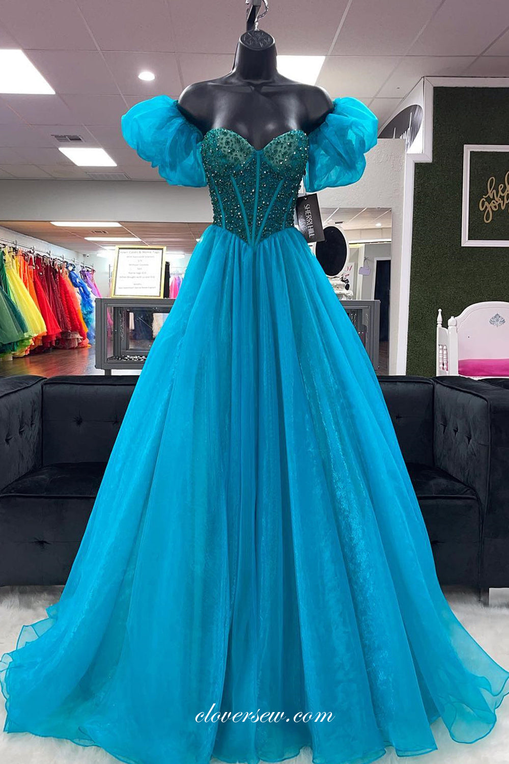 Beaded Organza Sweetheart Strapless With Puffy Sleeves Prom Dress, CP1106 US12 / As Pic Beaded Organza Sweetheart Strapless With Puffy Sleeves Prom Dress, CP1106 US12 / As Pic