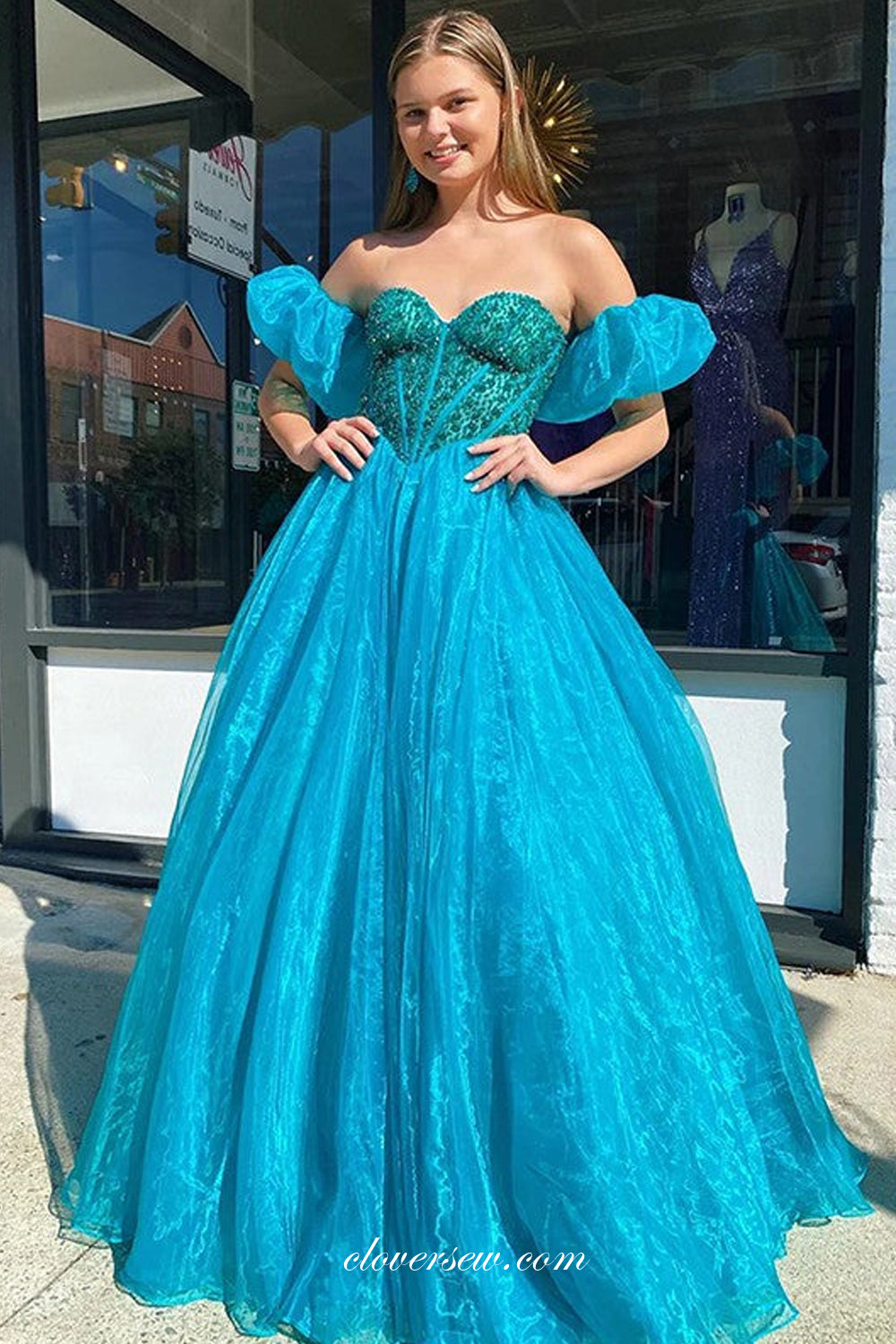 Beaded Organza Sweetheart Strapless With Puffy Sleeves Prom Dress, CP1 clover sew Beaded Organza Sweetheart Strapless With Puffy Sleeves Prom Dress, CP1 clover sew