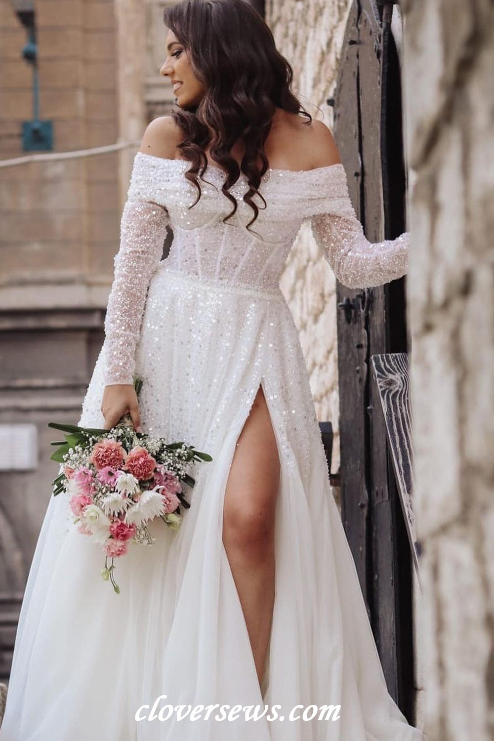 Beading Sequined Tulle Off The Shoulder Long Sleeves A-line With Slit Shiny Wedding Dresses, CW0390