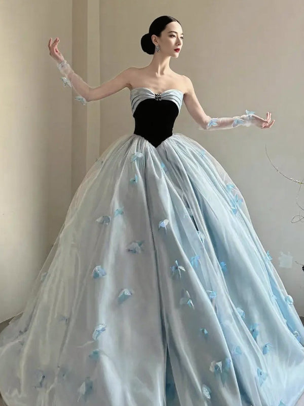 Black And Blue 3D Butterfly Applique Strapless Princess Prom Dresses, CP1062