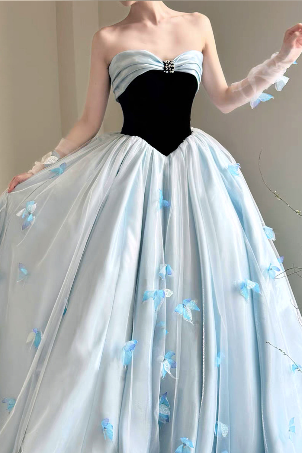 Black And Blue 3D Butterfly Applique Strapless Princess Prom Dresses, CP1062