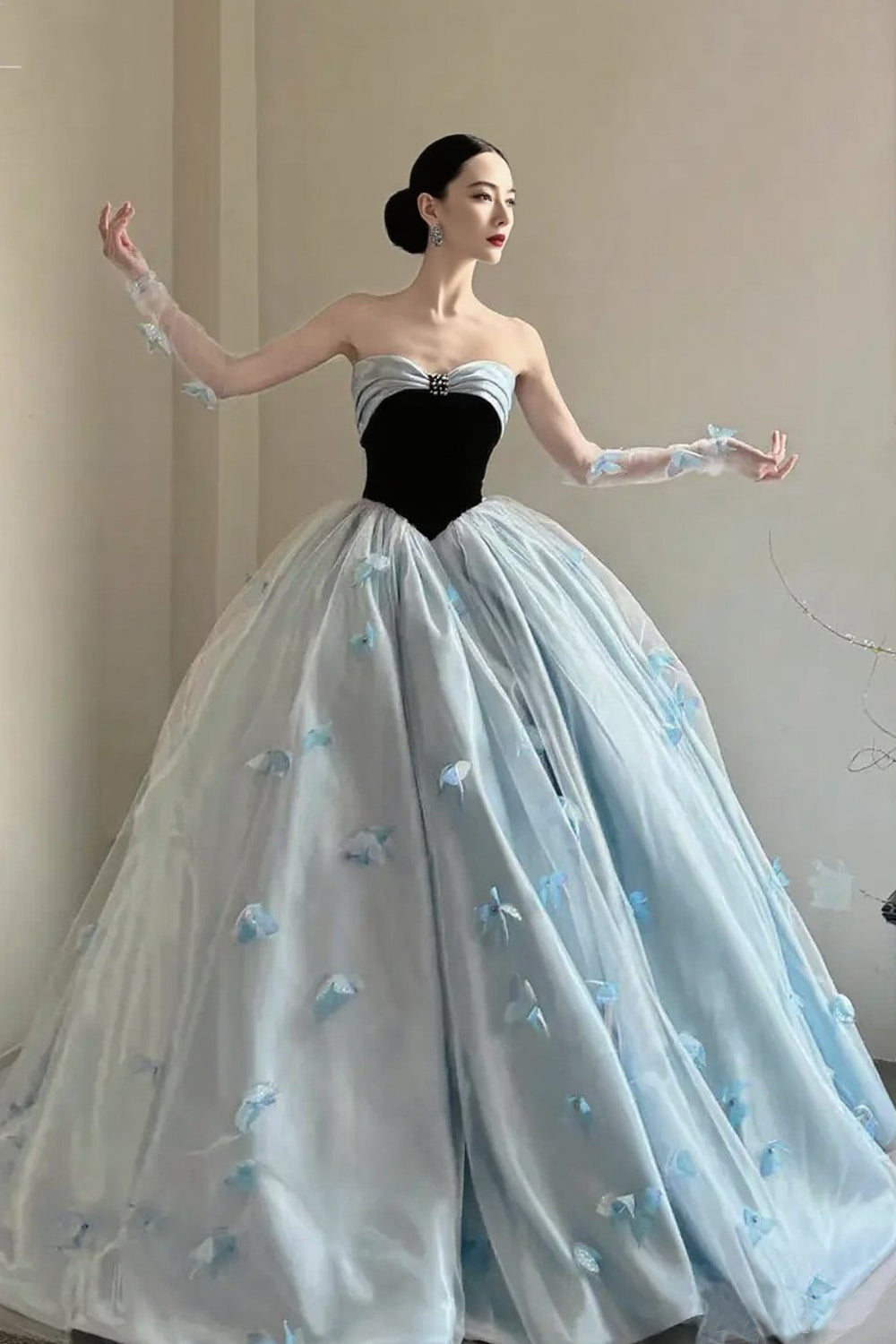 Black And Blue 3D Butterfly Applique Strapless Princess Prom Dresses, CP1062