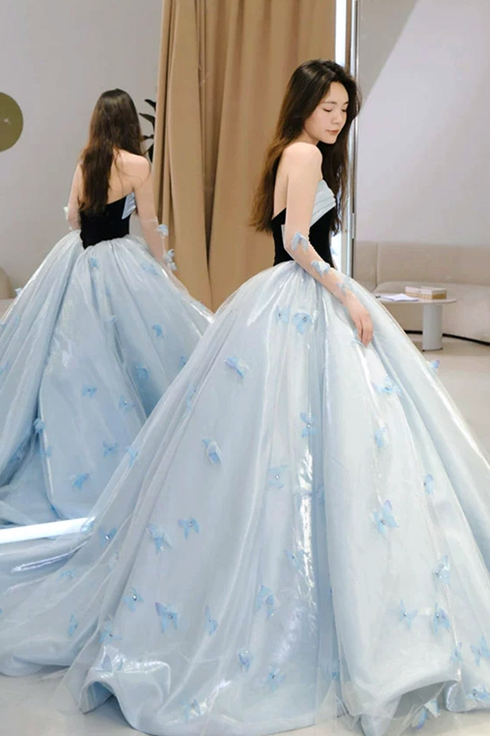 Black And Blue 3D Butterfly Applique Strapless Princess Prom Dresses, CP1062