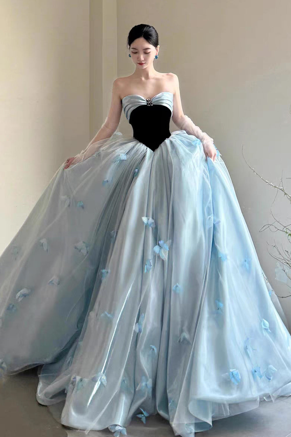 Black And Blue 3D Butterfly Applique Strapless Princess Prom Dresses, CP1062