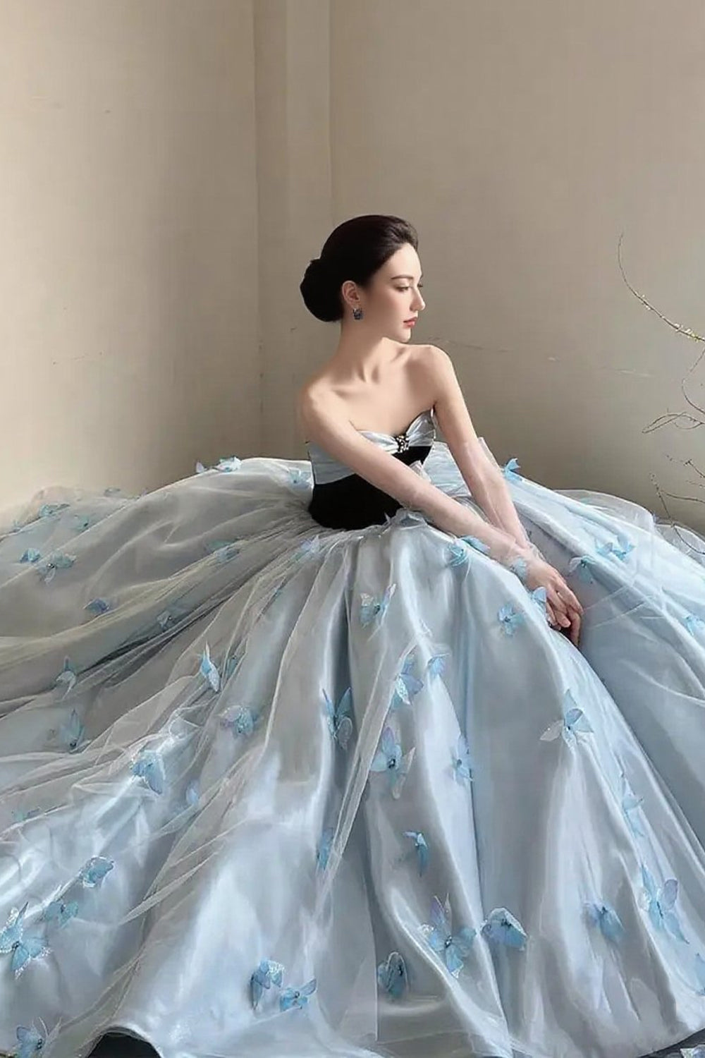 Black And Blue 3D Butterfly Applique Strapless Princess Prom Dresses, CP1062