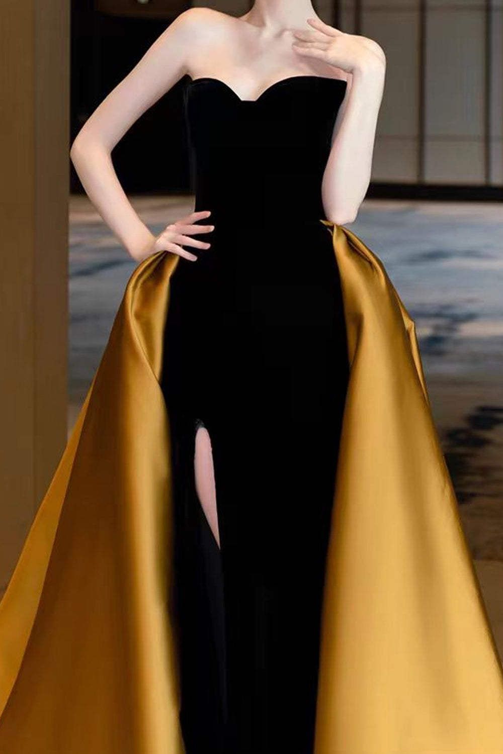 Black And Golden Satin Strapless Sheath Prom Gown, CP1204 clover sew Black And Golden Satin Strapless Sheath Prom Gown, CP1204 clover sew