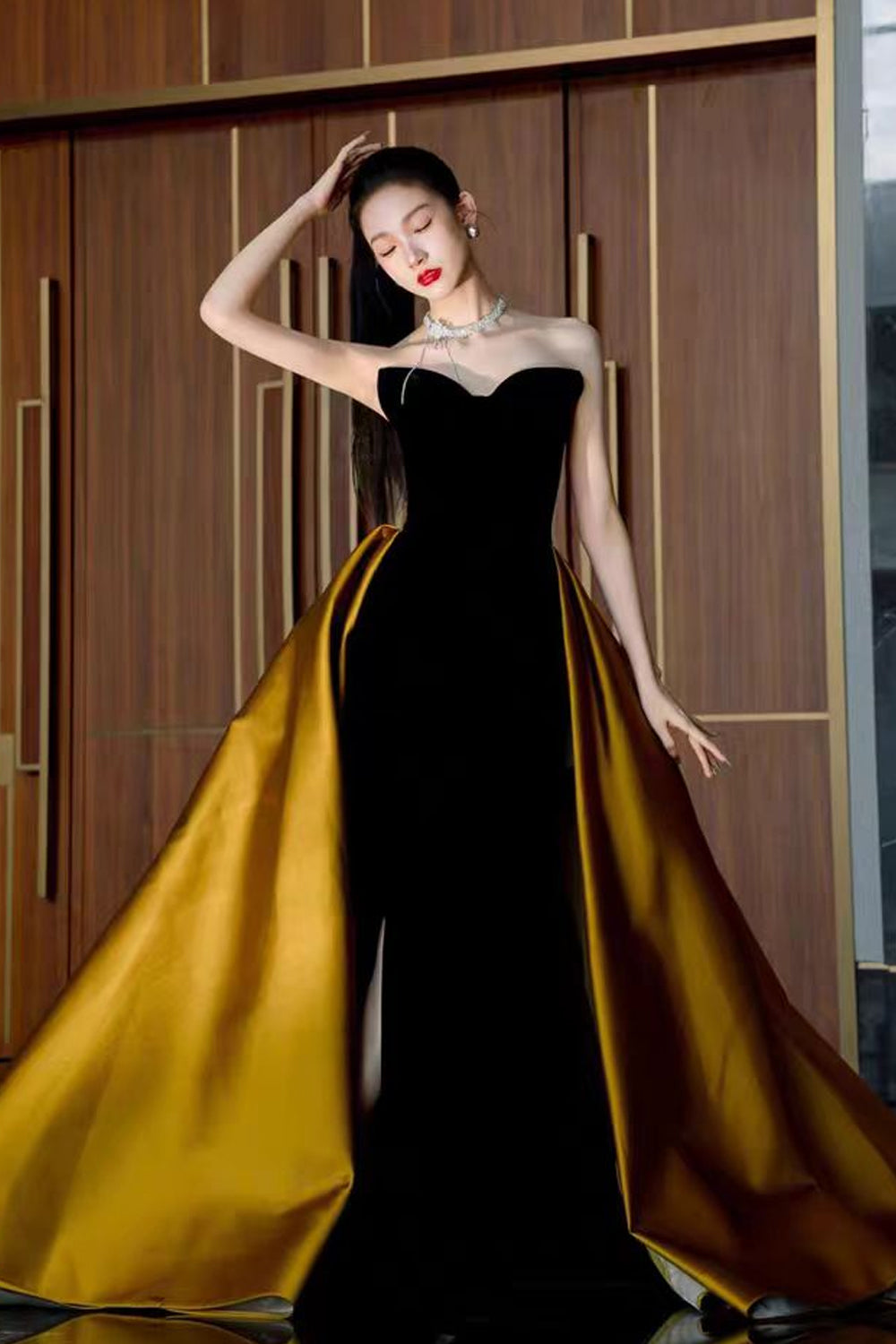 Black And Golden Satin Strapless Sheath Prom Gown, CP1204 clover sew Black And Golden Satin Strapless Sheath Prom Gown, CP1204 clover sew
