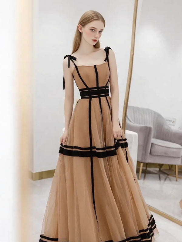 Black And Khaki Tulle Sleeveless A-line Prom Dresses, CP1063