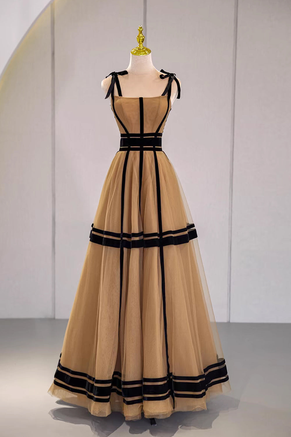 Black And Khaki Tulle Sleeveless A-line Prom Dresses, CP1063