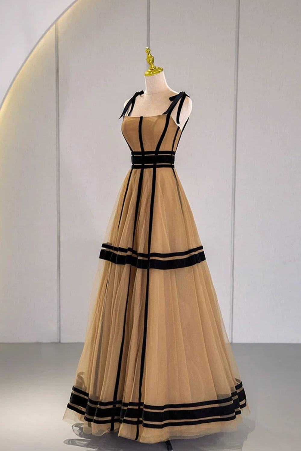 Black And Khaki Tulle Sleeveless A-line Prom Dresses, CP1063