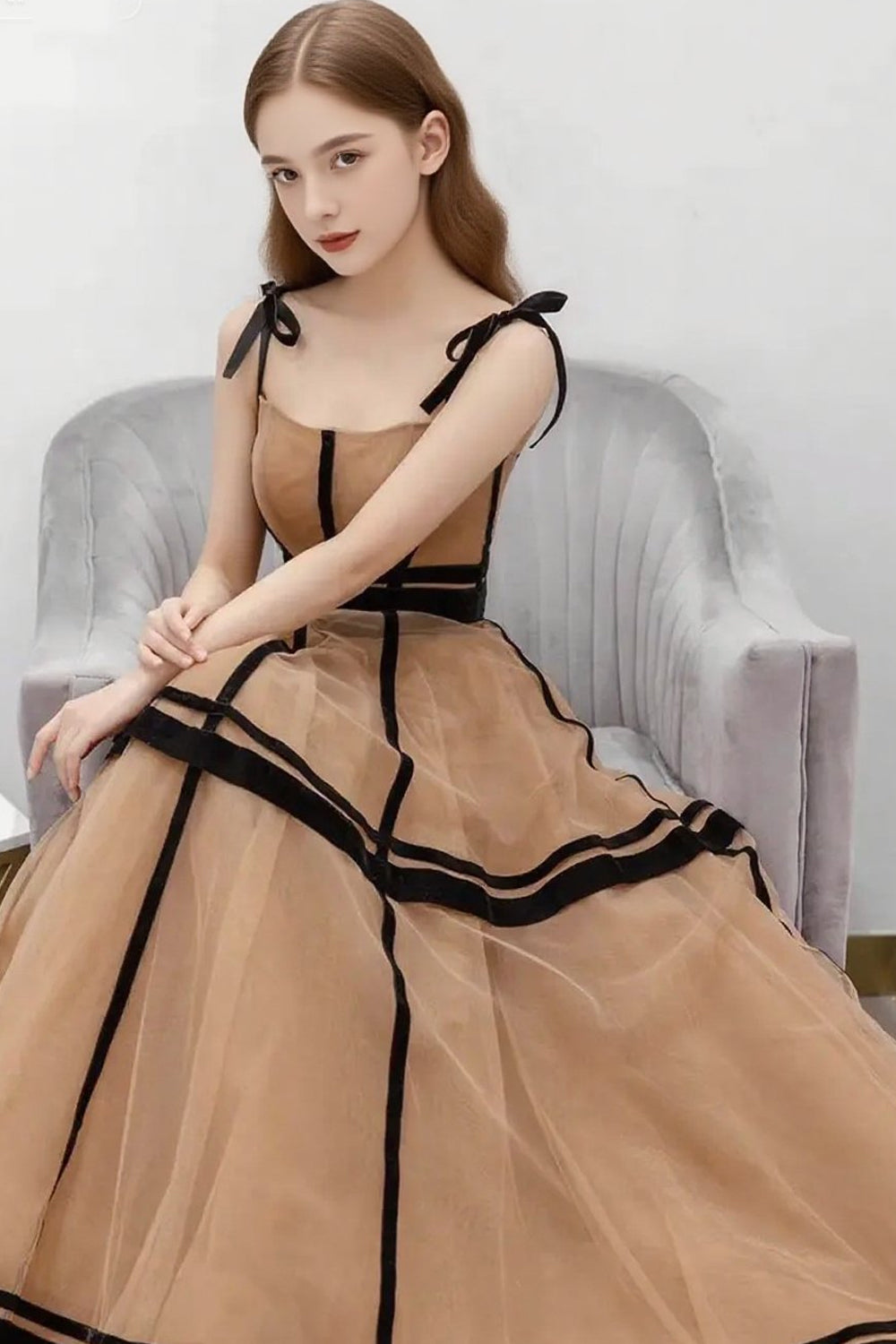 Black And Khaki Tulle Sleeveless A-line Prom Dresses, CP1063