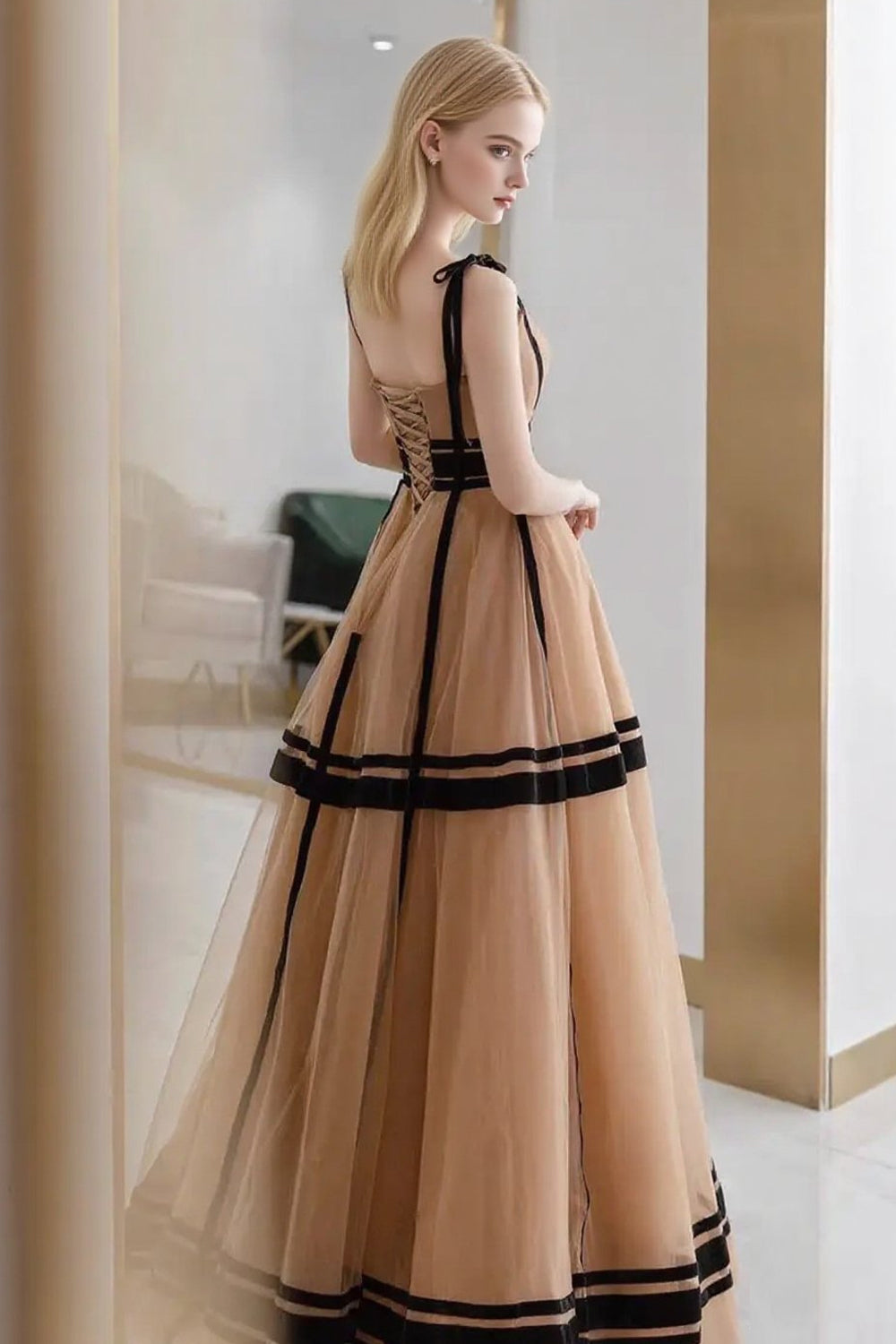 Black And Khaki Tulle Sleeveless A-line Prom Dresses, CP1063