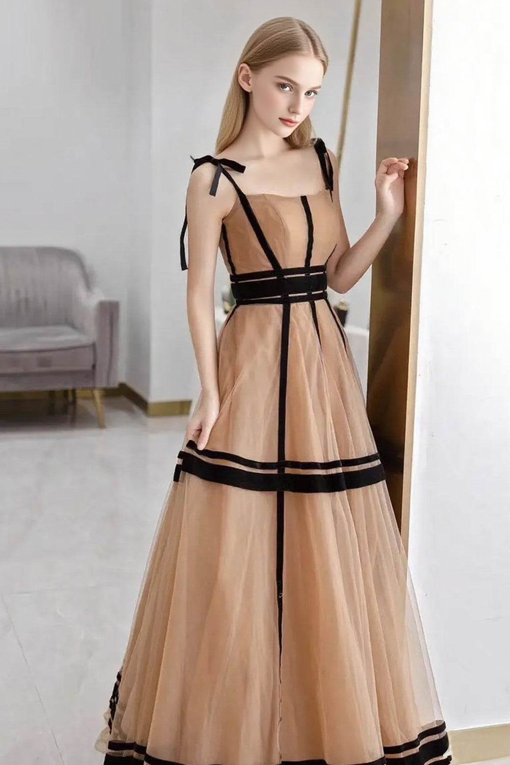 Black And Khaki Tulle Sleeveless A-line Prom Dresses, CP1063