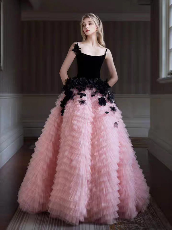 Black And Pink 3D Handmade Flowers Tiered Princess Prom Gown, CP1073