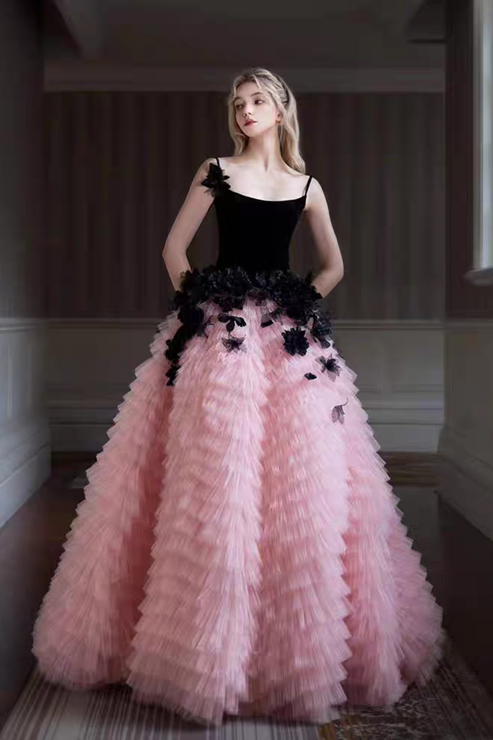 Black And Pink 3D Handmade Flowers Tiered Princess Prom Gown, CP1073