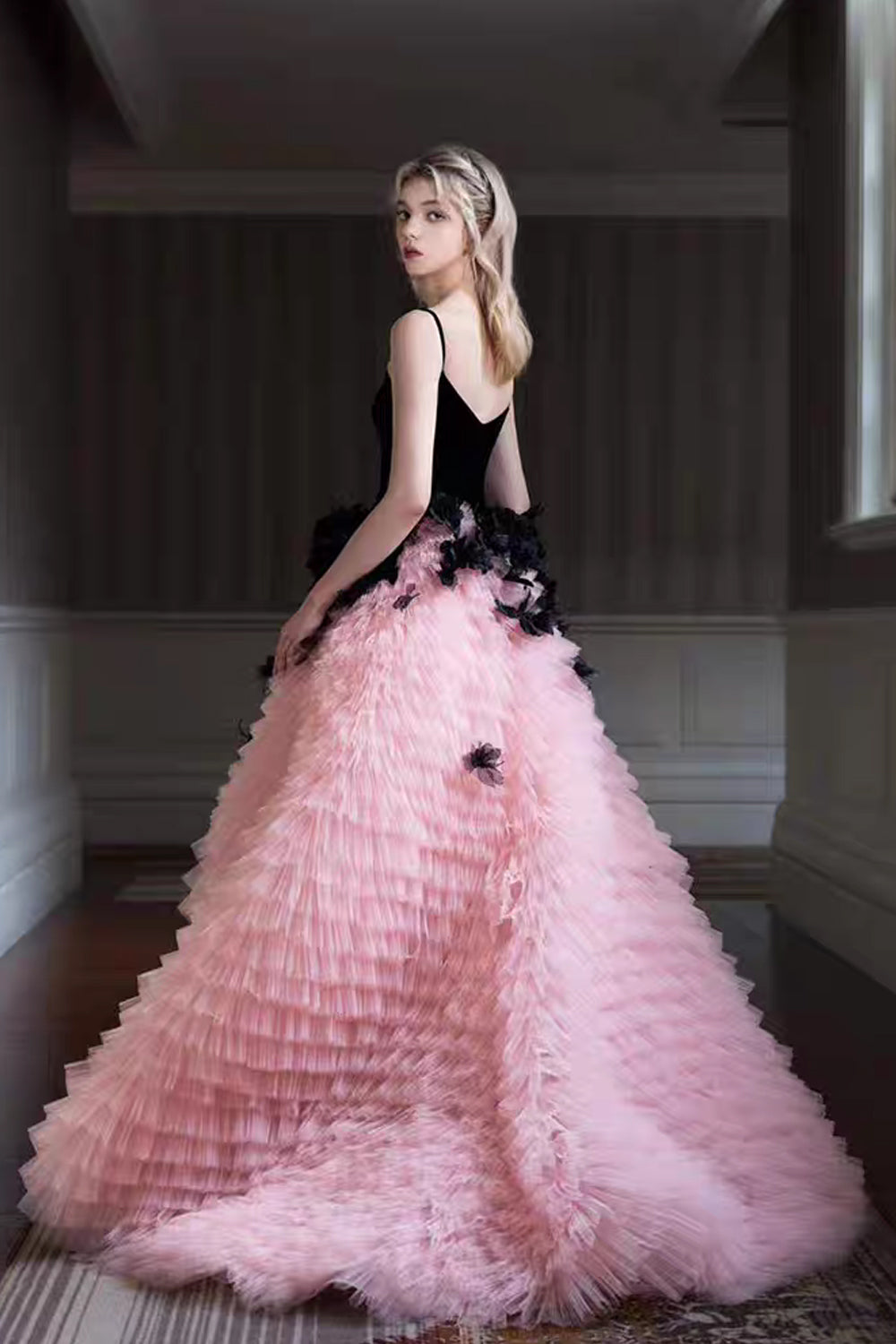 Black And Pink 3D Handmade Flowers Tiered Princess Prom Gown, CP1073