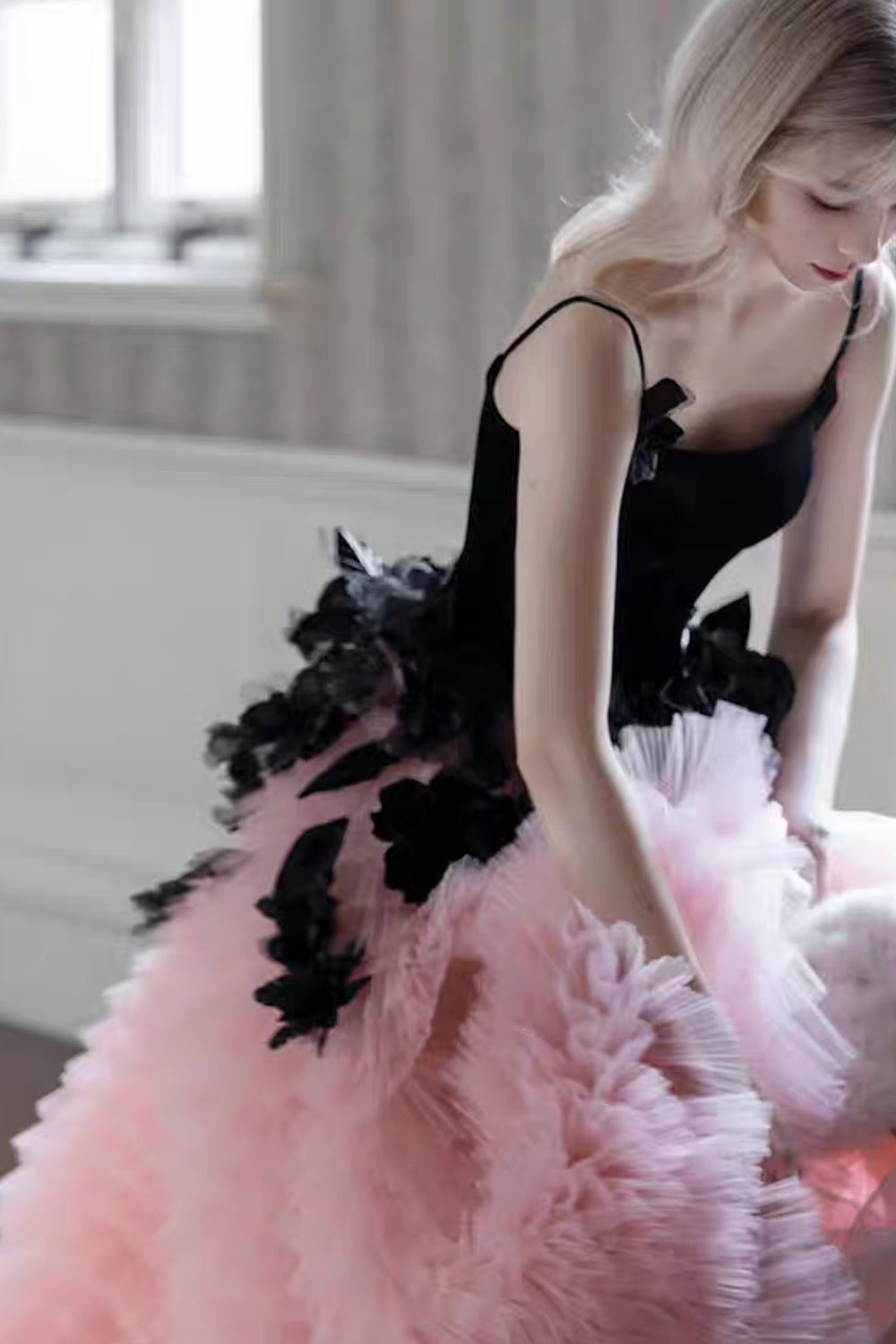 Black And Pink 3D Handmade Flowers Tiered Princess Prom Gown, CP1073