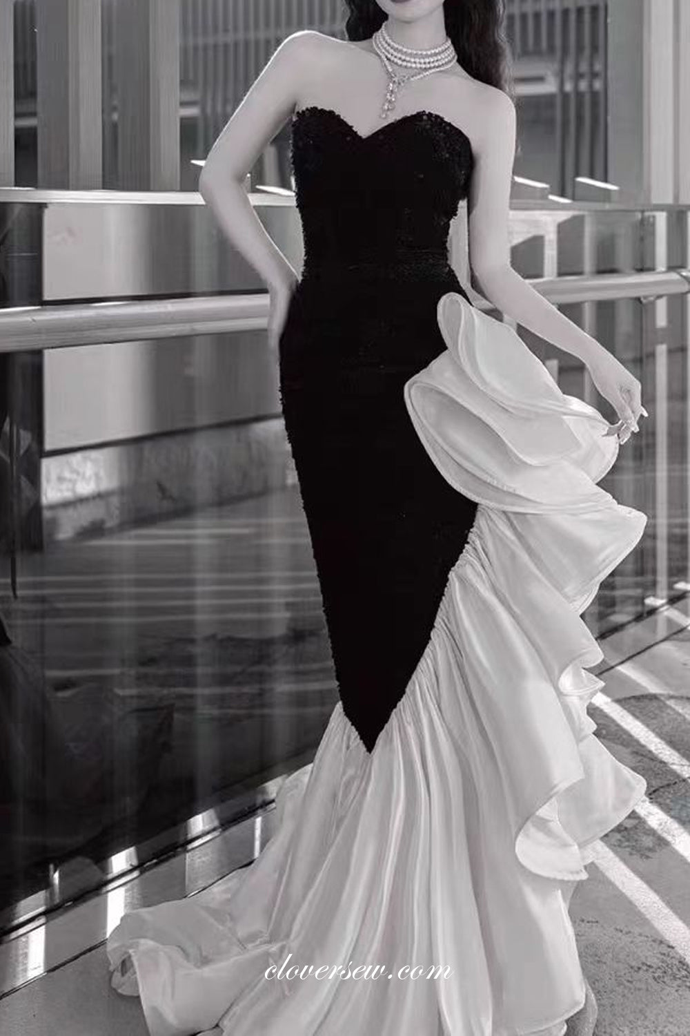 Black And Wihte Mermaid Sweetheart Strapless Elegant Formal Dresses, C clover sew Black And Wihte Mermaid Sweetheart Strapless Elegant Formal Dresses, C clover sew