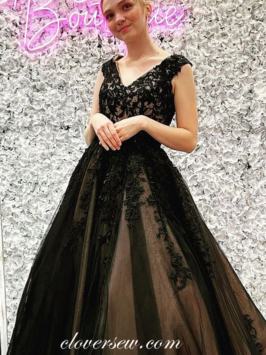 Black Beading Lace Applique V-neck Sleeveless A-line Prom Dresses, CP1125