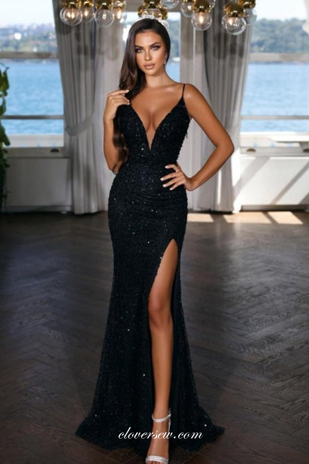 Black Beading Sequined Tulle V-neck Sheath With High Slit Sparkly Prom Dresses, CP1023