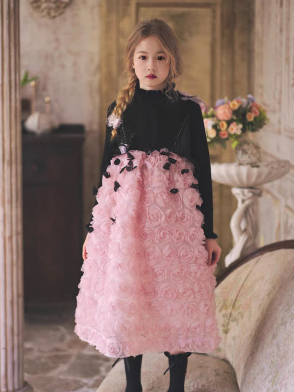 Black Bodice And Pink Rose-Appliqued Tulle Flower Girl Dresses, CF0018