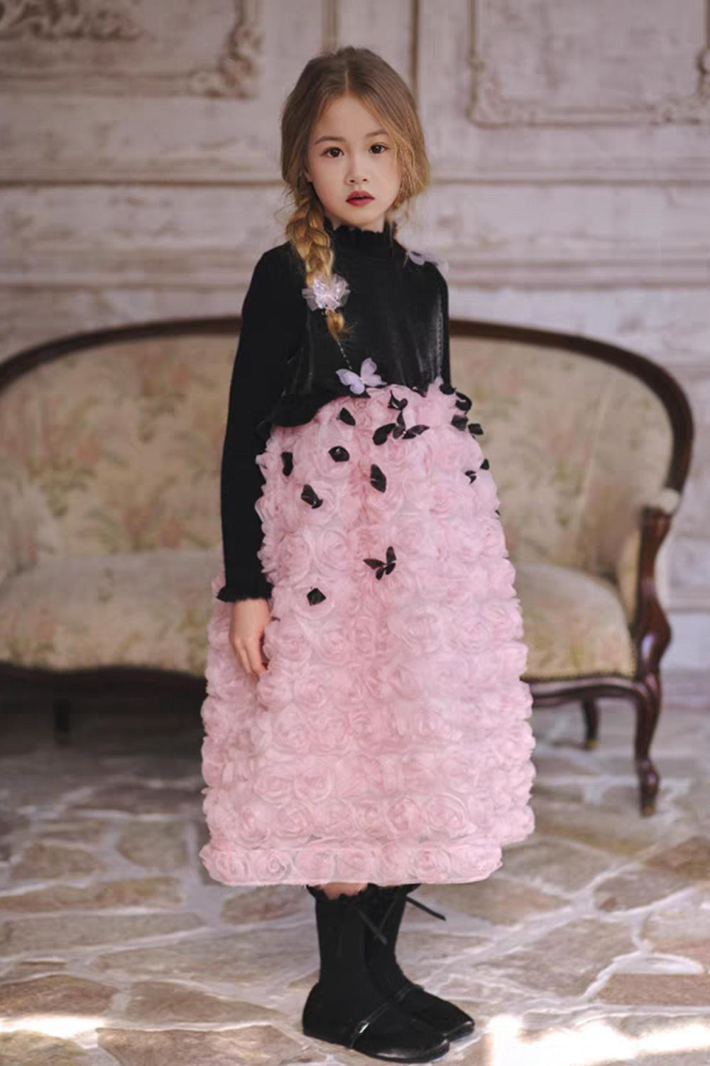 Black Bodice And Pink Rose-Appliqued Tulle Flower Girl Dresses, CF0018