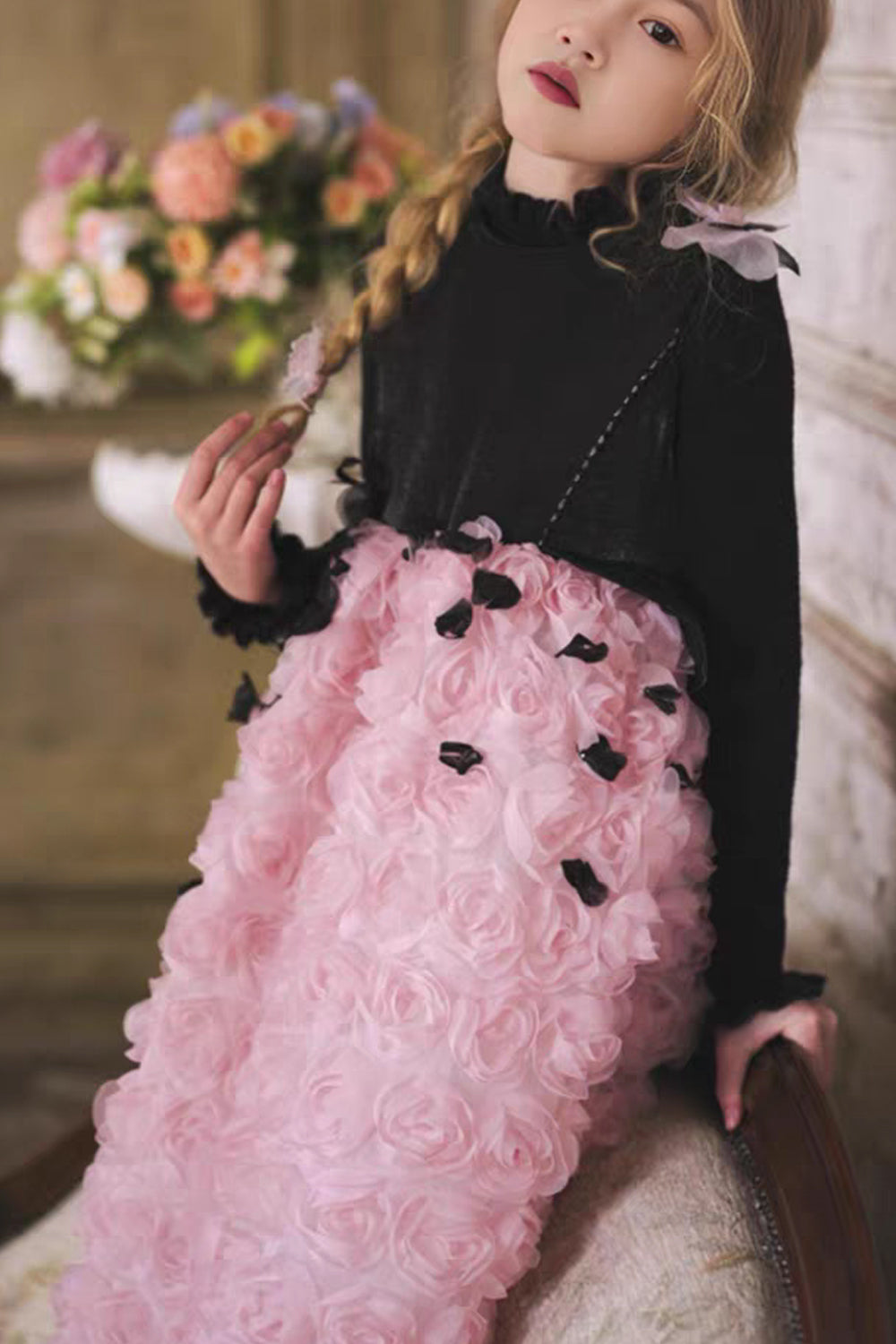 Black Bodice And Pink Rose-Appliqued Tulle Flower Girl Dresses, CF0018